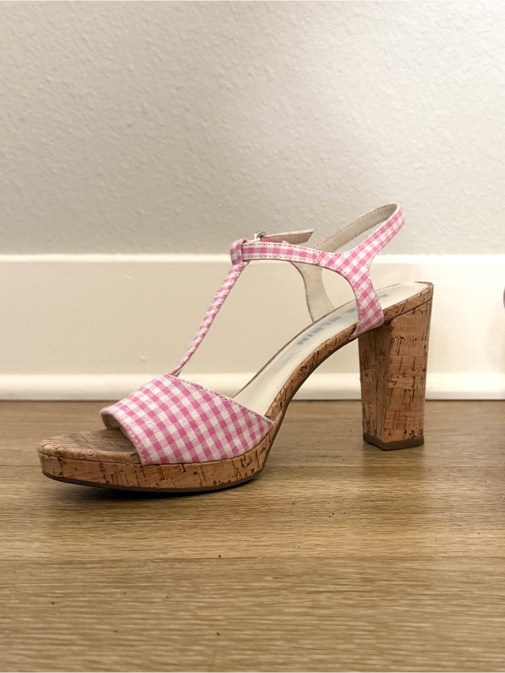 Anne Klein Pink Gingham Cork Block Heel Sandals